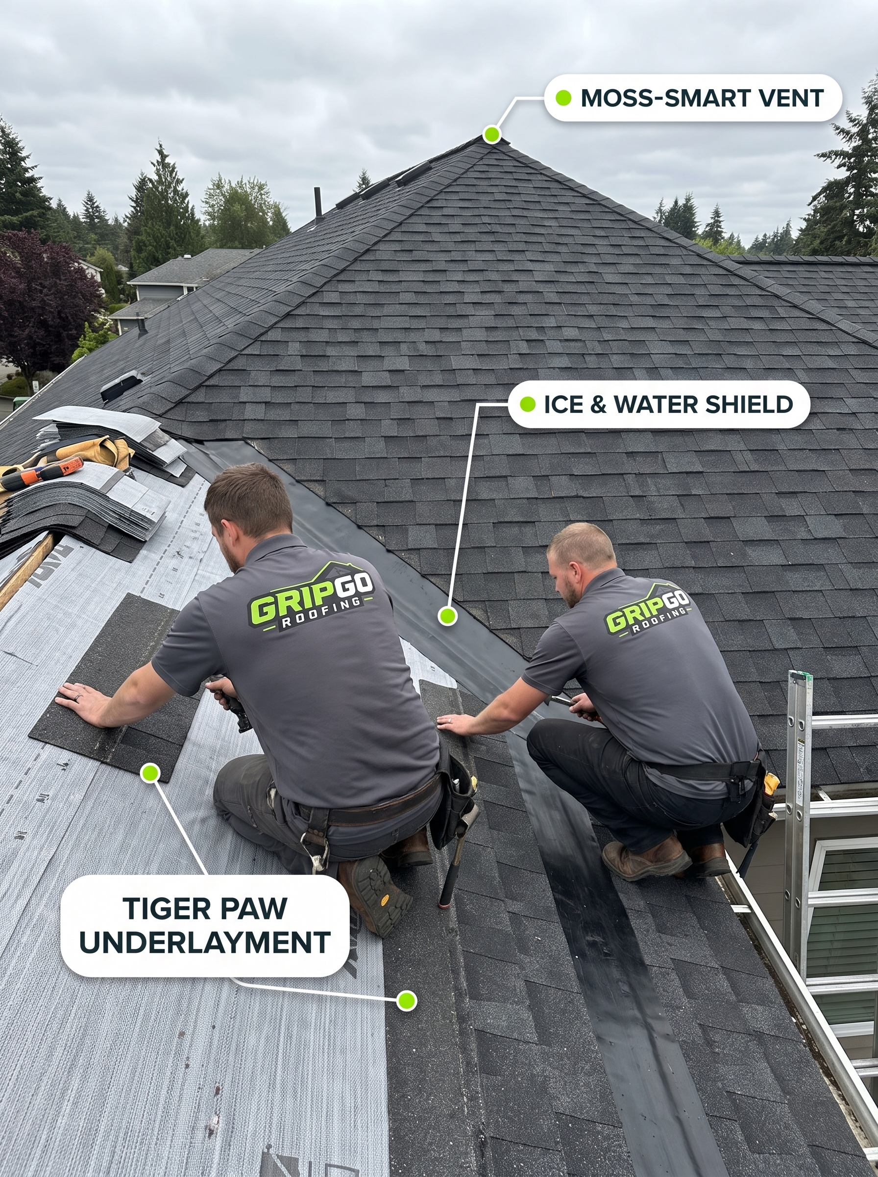 The GripGo crew installing a new roof with the Rain-Shield Package: Tiger Paw underlayment, Grace Ice & Water Shield, and moss-smart venting